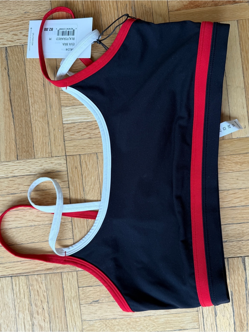 Splits59 Black Sports Bra with Red and White Trim